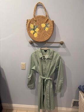 J Jill/ Green and White Striped Shirt Dress and beachy handbag